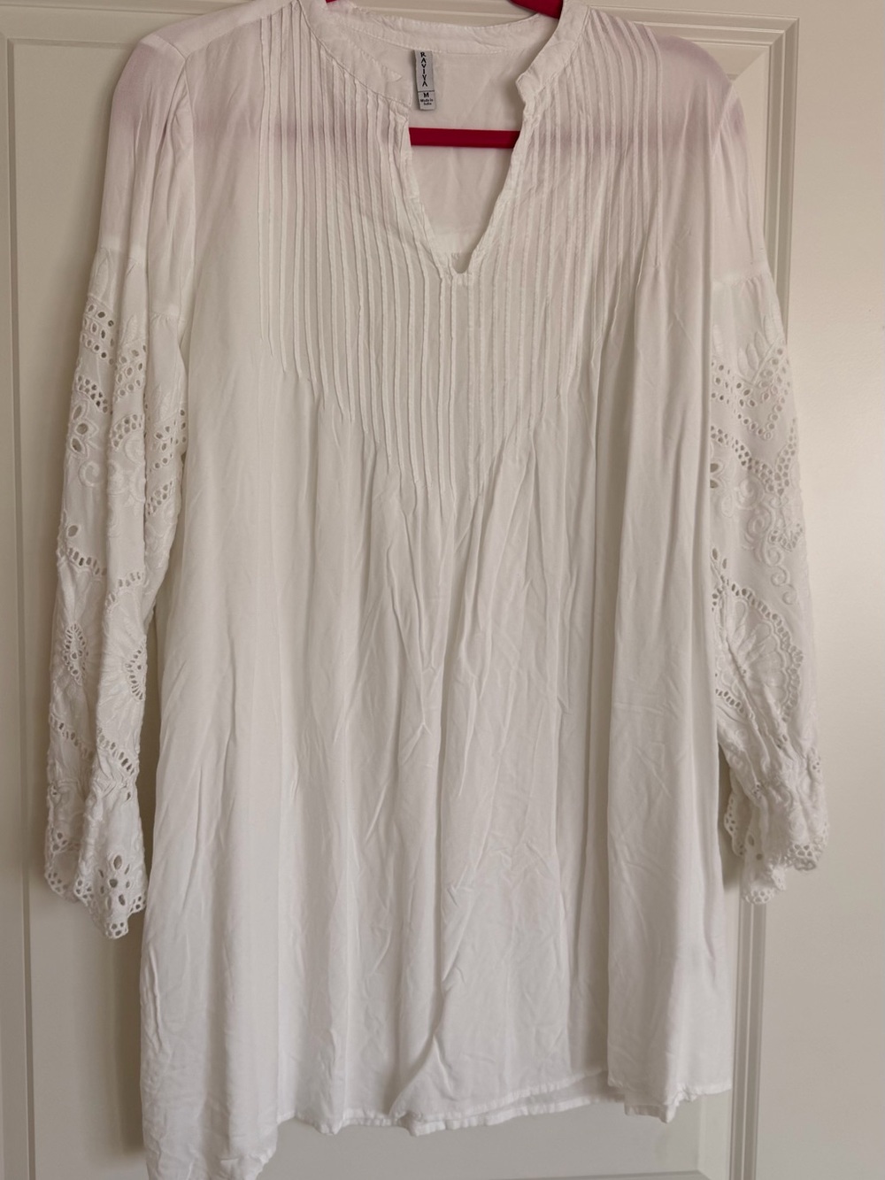 Raviya White Pintuck Tunic with Eyelet Lace Sleeves
